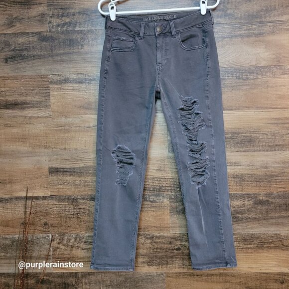 American Eagle Jeans 2 S Tomgirl Mid Rise Super Stretch x Gray Ripped Denim - Picture 1 of 11